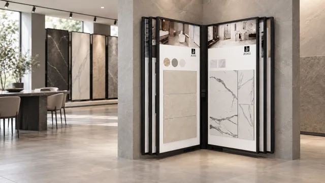 转角展架在展厅中的位置与前方查看空间设计示意