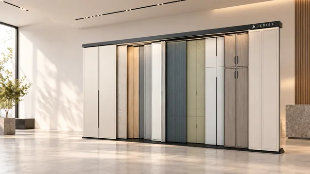 定制衣柜门样展示架的展厅应用设计示意